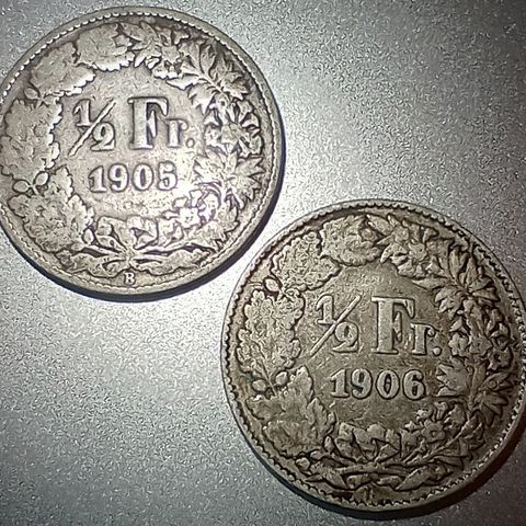 Sveits ½ franc 1905 og 1906 .835 sølv selges samlet NY PRIS