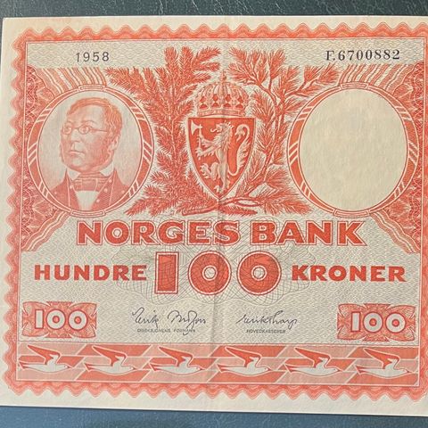 Norge. HUNDREKRONER  1958 F. Kv 1+. Katalogverdi 920kr