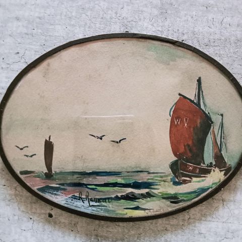 Ny pris! Liten fransk oval akvarell/gouache fra 1913?1933?