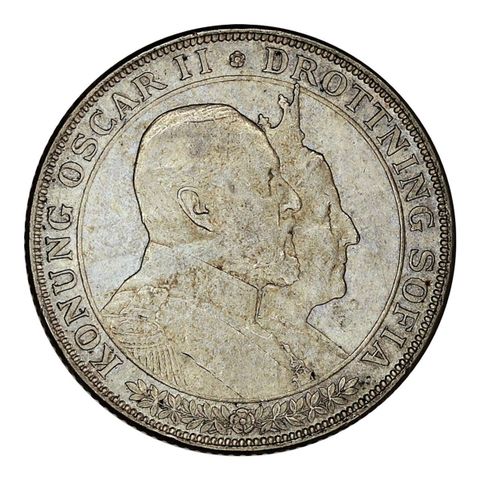 SØLVMYNT - Kong Oscar II & Dronning Sofia - 2 kroner i sølv 800S. 1907.