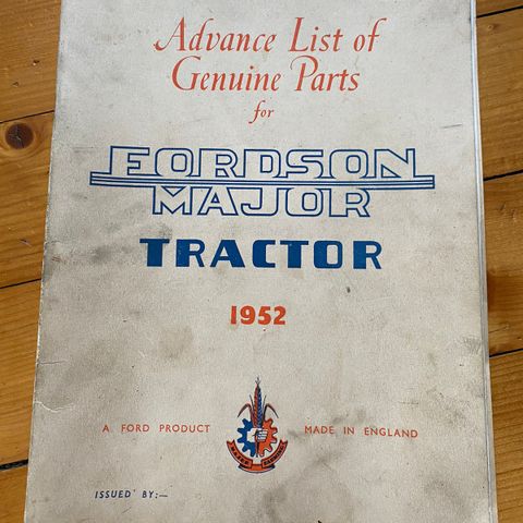 Samleobjekt - Advance List of Genuine Parts for Fordson Major Tractor 1952