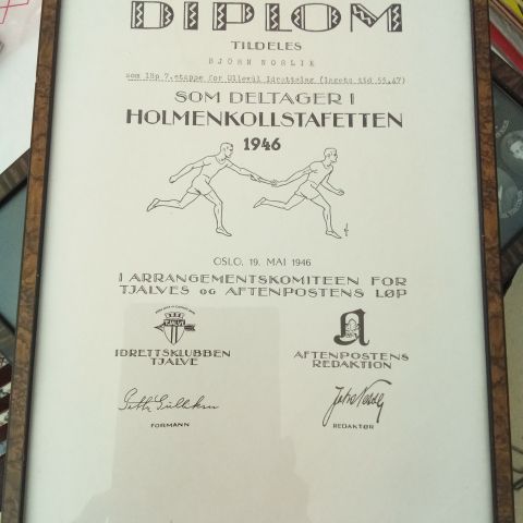 VINTAGE bilderamme med Diplom fra Holmenkollstafetten , selges