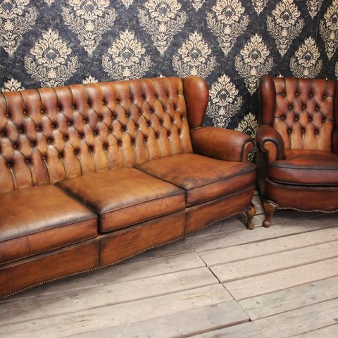 Antikk sofa+stol i ekte skinn