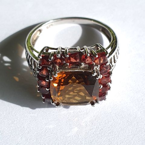 Cognac Quartz Kvarts & Garnet Granat Platinum Plated 925 Sølv Ring Str.56