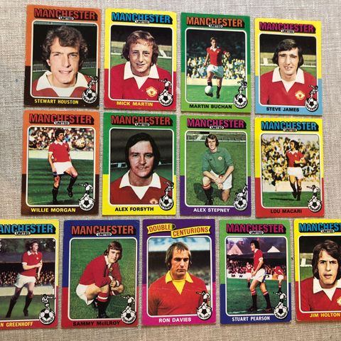 Manchester United - komplett sett 13 stk Topps 1975 fotballkort