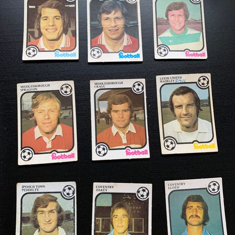28 stk Monty Gum 1975 gamle engelske fotballkort + pose selges samlet