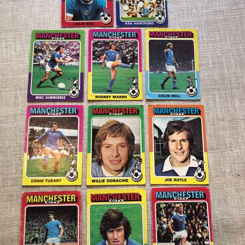 Manchester City - komplett sett 11 stk Topps 1975 fotballkort