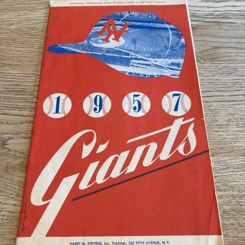 nypris nå: Baseball program og score card fra 1957 for New York Giants