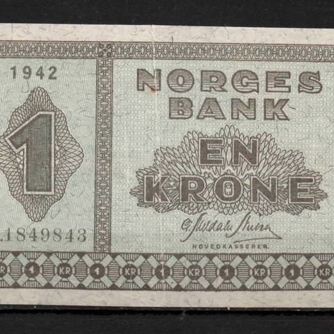 Flott gammel Norsk 1 Krone 1942 - Litra D i Kvalitet 1+/01