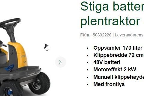 Stiga batteridrevet plentraktor Swift 372E