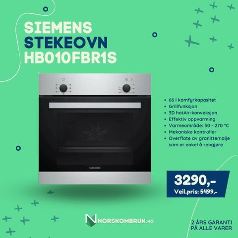 Siemens stekeovn HB010FBR1S - 2 års garanti! Mange på lager!