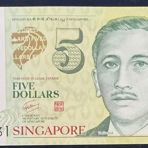 SINGAPOR.  5 dollar 2010.  Polymer. P-47b.  Kv. 0