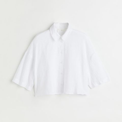 H&M Premium cropped lin skjorte hvit 100% lin