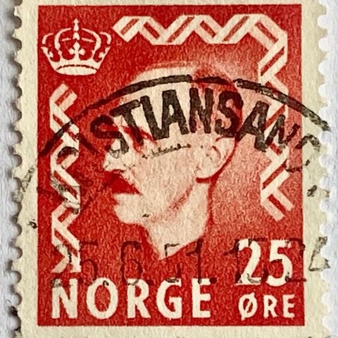 Norge 1950 Haakon VII øremerker  NK 393 Pent stempel: KRISTIANSAND  25. 6. 51