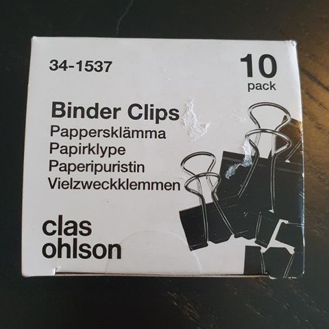 Papirklype / binder clips 10pk Clas Ohlson, uåpnet