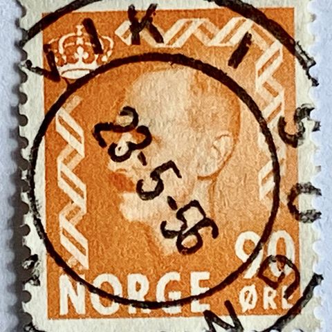 Norge 1955 Haakon VII øremerker NK 438 Pent stempel: VIKI SOGN  23.. 5. 56