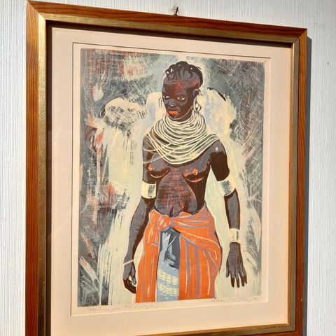 "Kvinne fra Karamoja" (Uganda), tresnitt sign. Sean Sundberg, 1986.