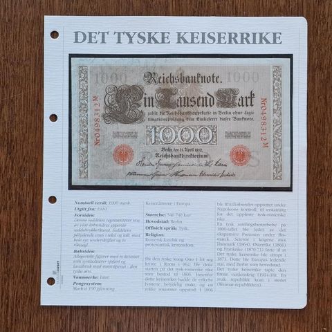 Tysk 1000 Mark (1910) Red Seal Seddel (Bakark fra Samlerhuset)