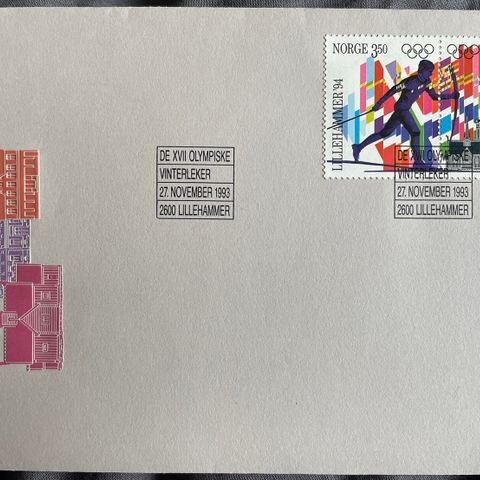 Førstedagsbrev med frimerke OL Lillehammer 1994 2 stk.