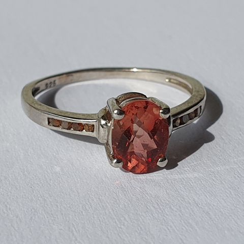 Red Andesine & Red Diamonds Rød Diamanter Platinum Plated Sølv 925 Ring Str.60