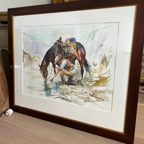 2 stykk Western kunst akvareller hest cowboy
