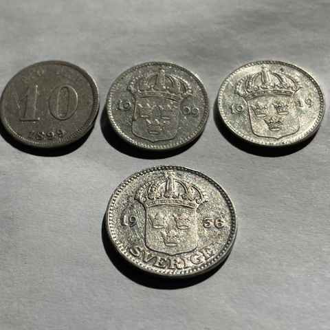 Svensk, 10 øre 1899, 1909, 1919 og 25 øre 1936