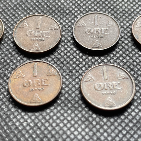 1 øre 1928, 1929,  1932, 1936, 1937, 1940, 1948 og 1952. Ok mynter.