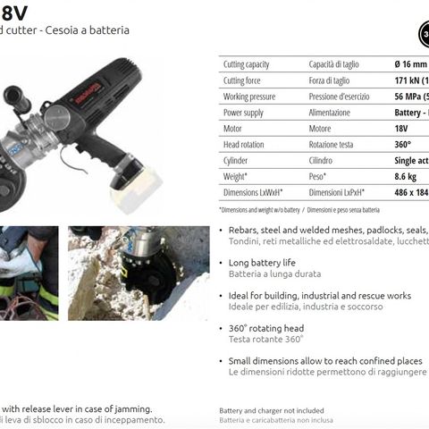 Demo bolt / armeringsjern klipper MU16, maks Ø16mm - batteri versjon