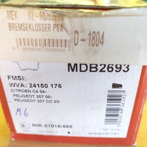 Citroen- Peugeot Bremseklosser MINTEX MDB2693. Bakaksel.
