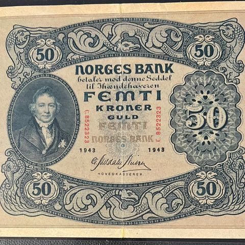 NORGE 50 KRONER 1943C. Kvalitet 1+.  KATALOGPRIS 2700kr