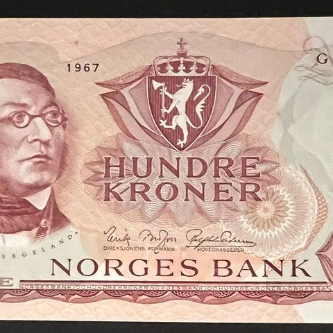 NORGE 100 KRONER. 1967 G. KVALITET 0/01. KATALOG 770kr