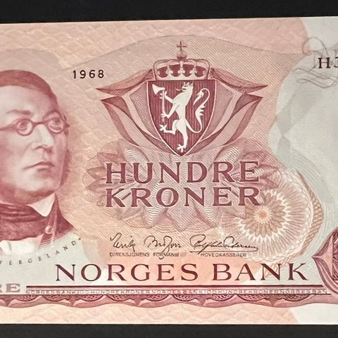 NORGE. 100 KRONER 1968 H. Kv. 01 kun litt bulkete papir. Katalog 520kr