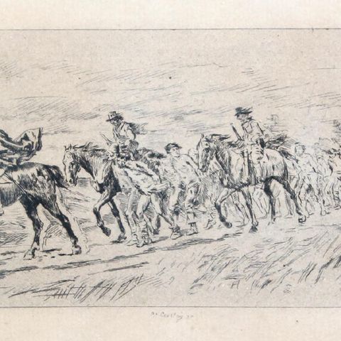 Ernest Meissonier: Napoleons tilbaketrekning, radering. 7,5x17,5 cm.