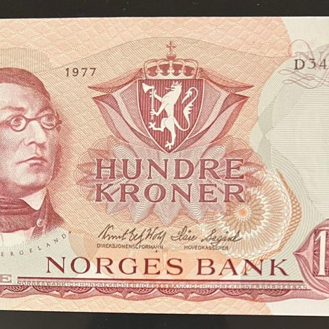 NORGE. 100 KRONER 1977 D. Kvalitet O. Katalog 575 kr.