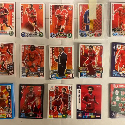 Stor samling Liverpool fotballkort fra Premier League 2007/08-2021/22, 153 stk