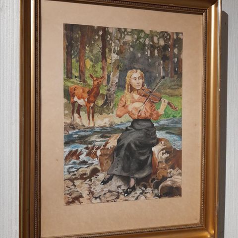 "Felespillersken ved elven", gammel, usignert akvarell