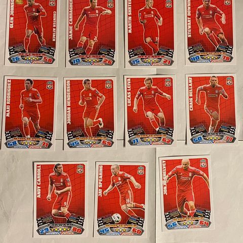 Liverpool fotballkort 2011(svart bakside), pen samling på 18 kort