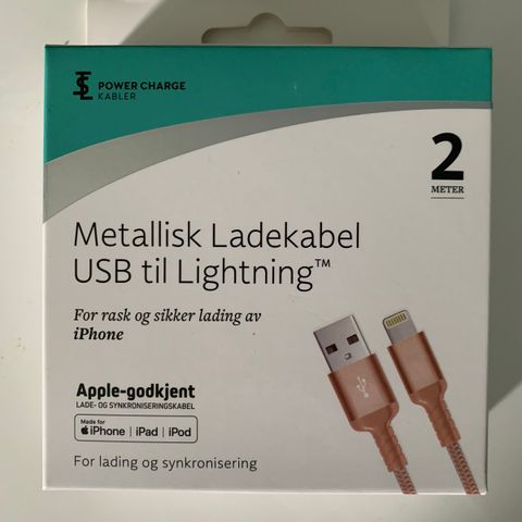 Ny og forseglet 2 Meter Metallisk ladekabel IPHONE / IPAD