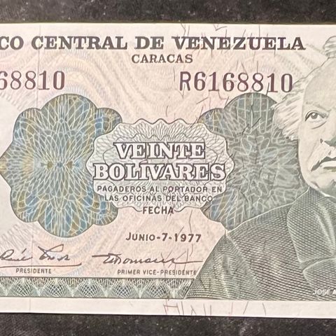 VENEZUELA 20 BOLIVARES 1977 P-53c   UNC