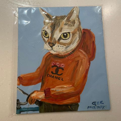 Kattebilde malt med oljemaling 25x30cm