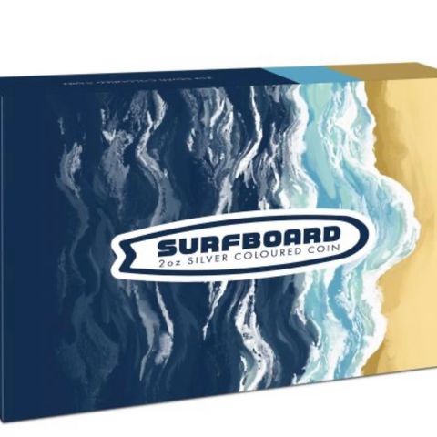 SURFBOARD – 2020 2 OZ PURE SILVER PROOF COLORED COIN – PERTH MINT – TUVALU