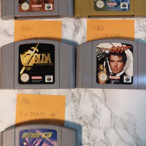 6 Spill til Nintendo 64 selges, varierende priser.