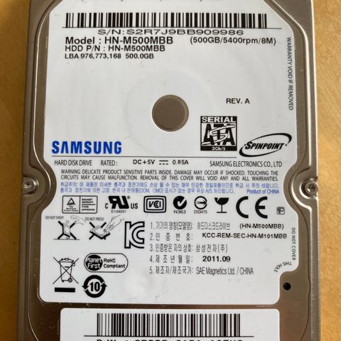 Samsung HN-M500MBB, 500GB Harddisk