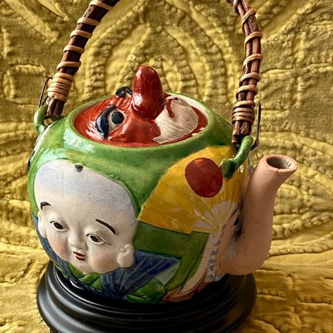 Japansk Meiji 1880-1910 Banko Ware/Noh Mask 3D figurativ keramikk te-pot