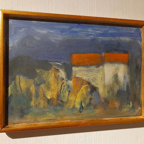 Asbj. Johansen, "2 hus i høstlandskap", maleri datert okt. 84