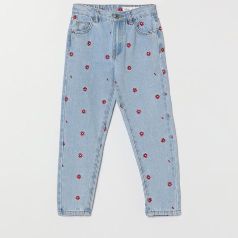 Helt ny mom jeans denim dongeri med blomster broderier str 140