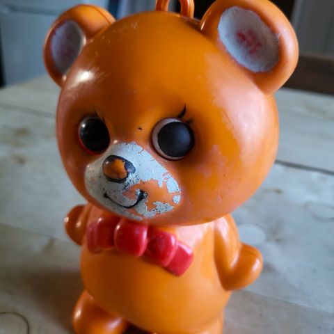 Vintage 70s Japanese Sankyo music bamse, beveger øynene, trekk-opp leketøy