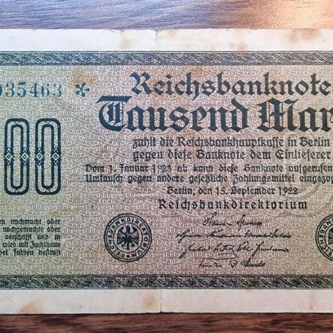 Tysk 1000 Mark (1922) Starmark Reichsbanknote Seddel