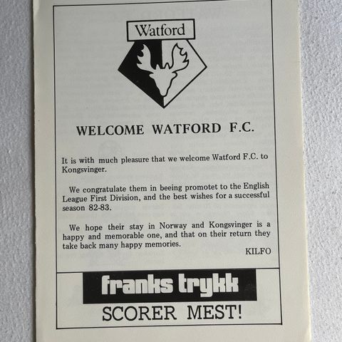 Program  Kongsvinger - Watford 1982