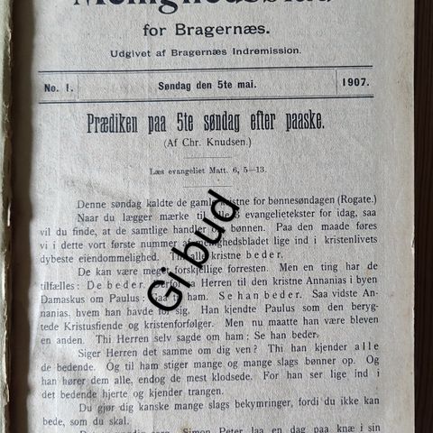 Gi bud - Bok med menighetsblader fra Bragernæs indremisjon fra 1907-1908